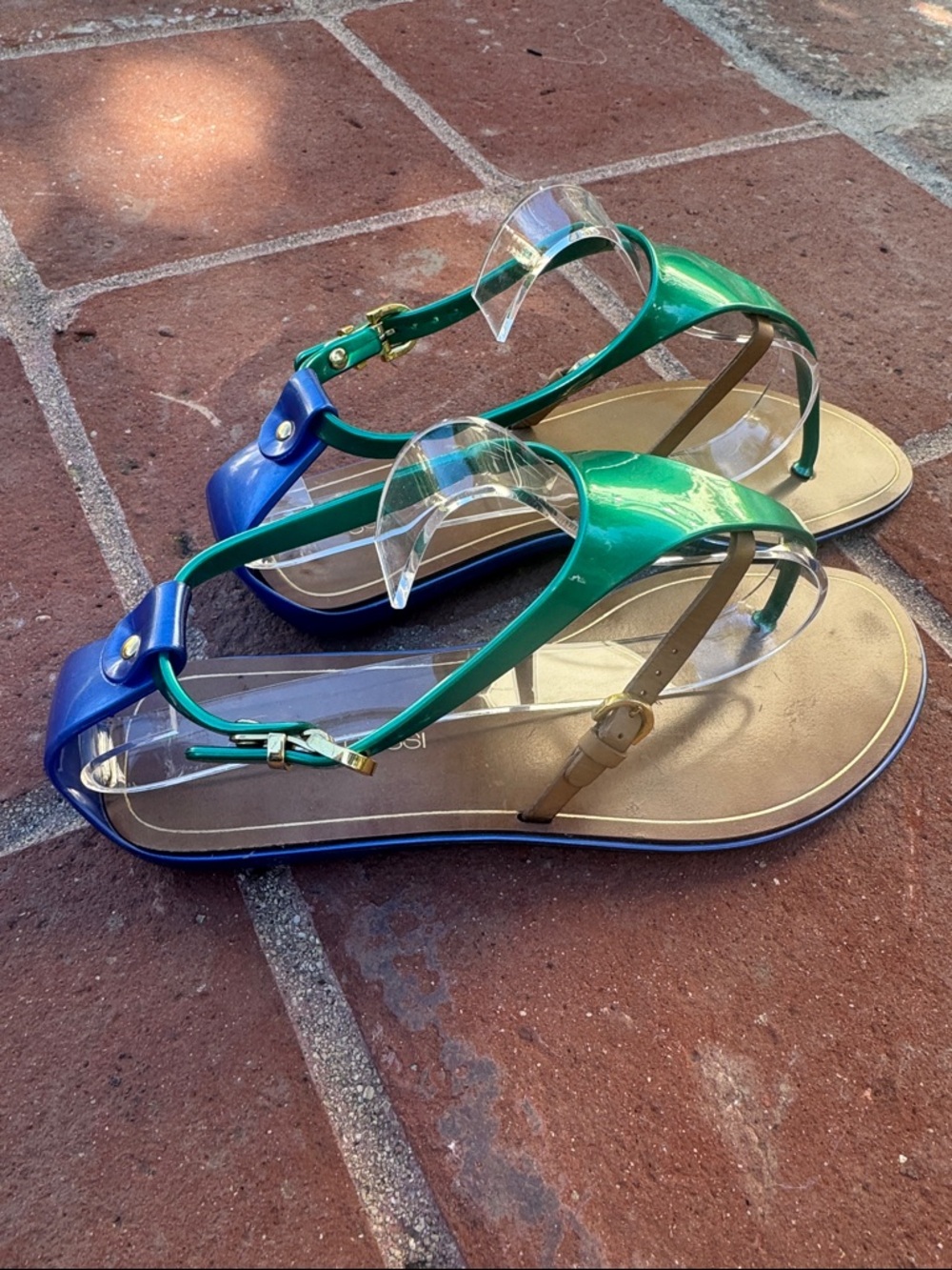 VINTAGE Sergio Rossi Jelly Sandals Cleo Green Blue Tan Colorblock Size 36 - Picture 7 of 11